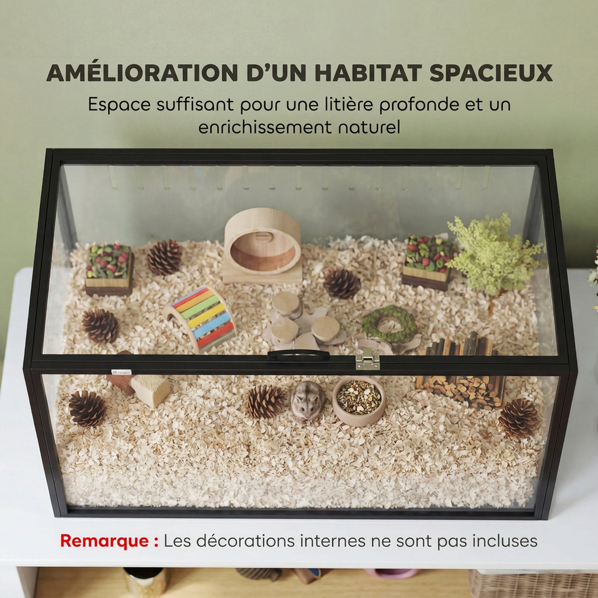 Cage pour Hamster Habitat Rongeurs Transparent de Vue Panoramique 360° Anti-Mordillage 105x51x51cm Noir