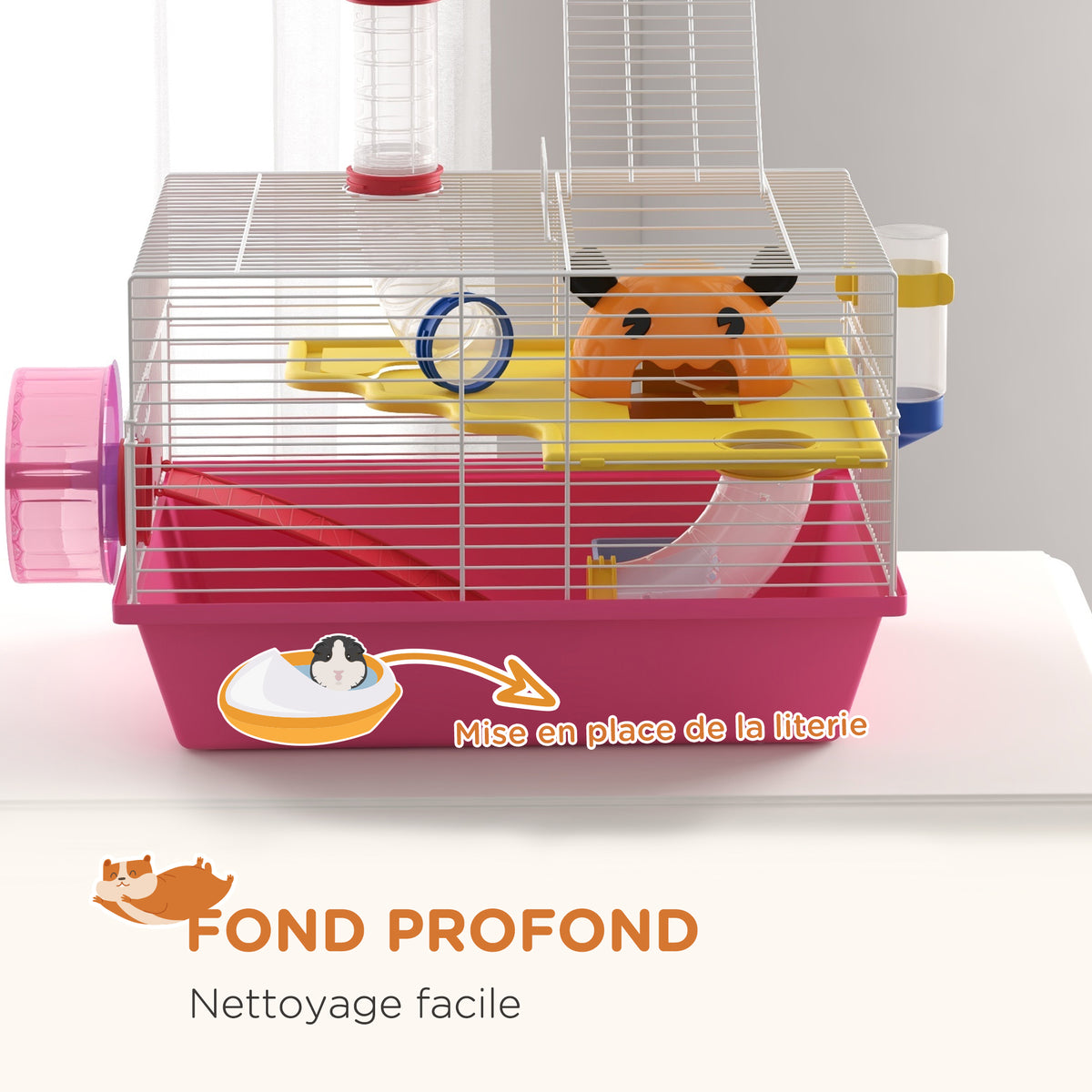 Cage à hamster rat rongeur multicolore avec plateforme, biberon eau, roue, maisonnette, 34 x 27 x 25 cm, rose