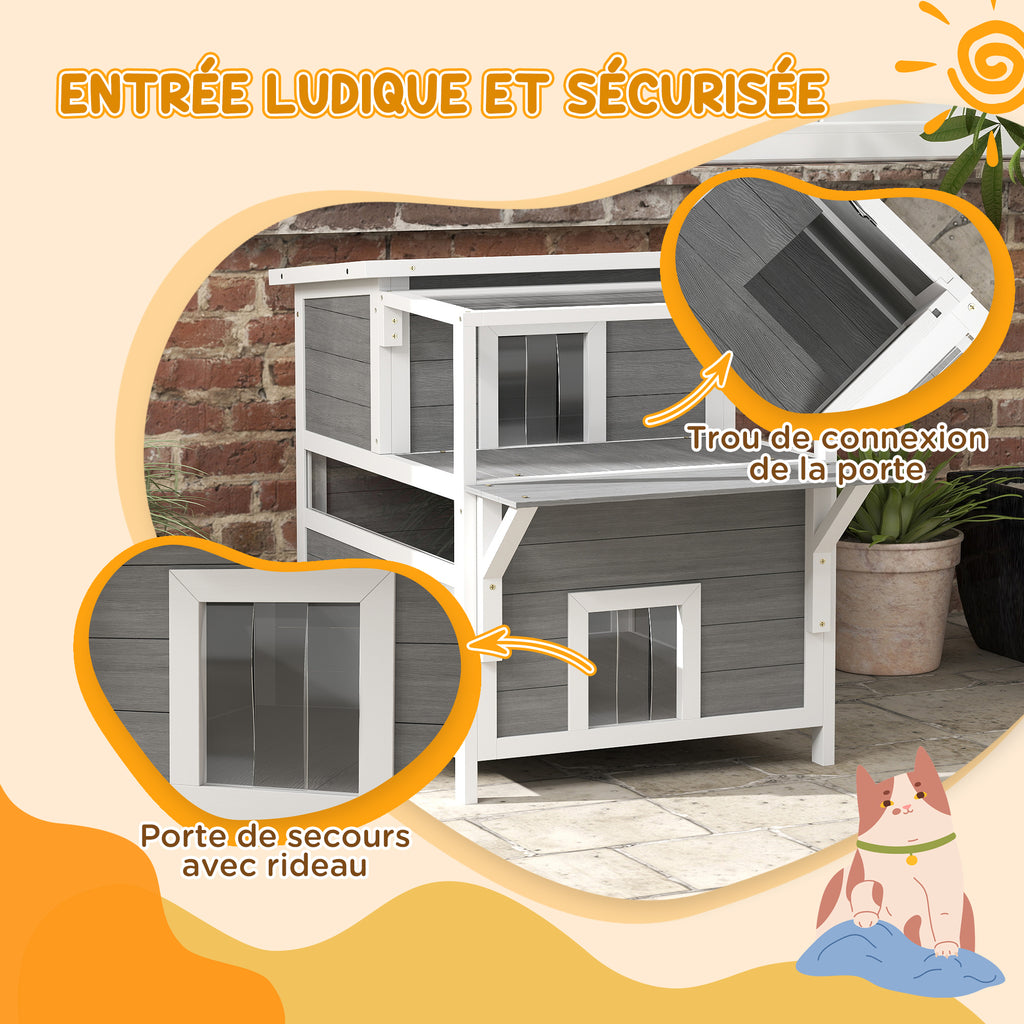 Maison pour chats 2 niveaux avec balcon abrité, toit ouvrable, extérieur, intérieur, gris clair