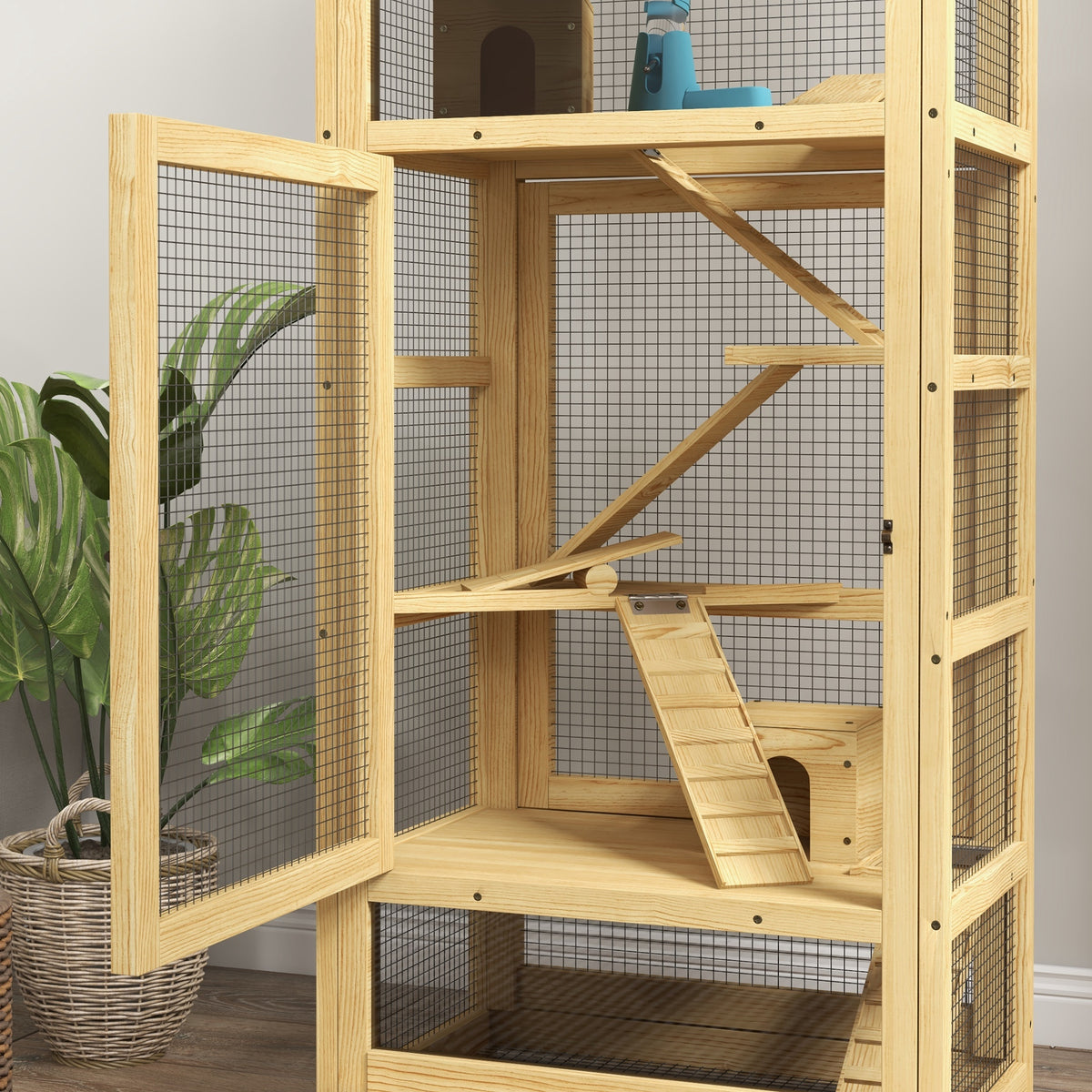 Cage pour hamsters ou petits animaux en bois 5 niveaux avec échelle niche balançoire 54 x 38 x 131 cm naturel