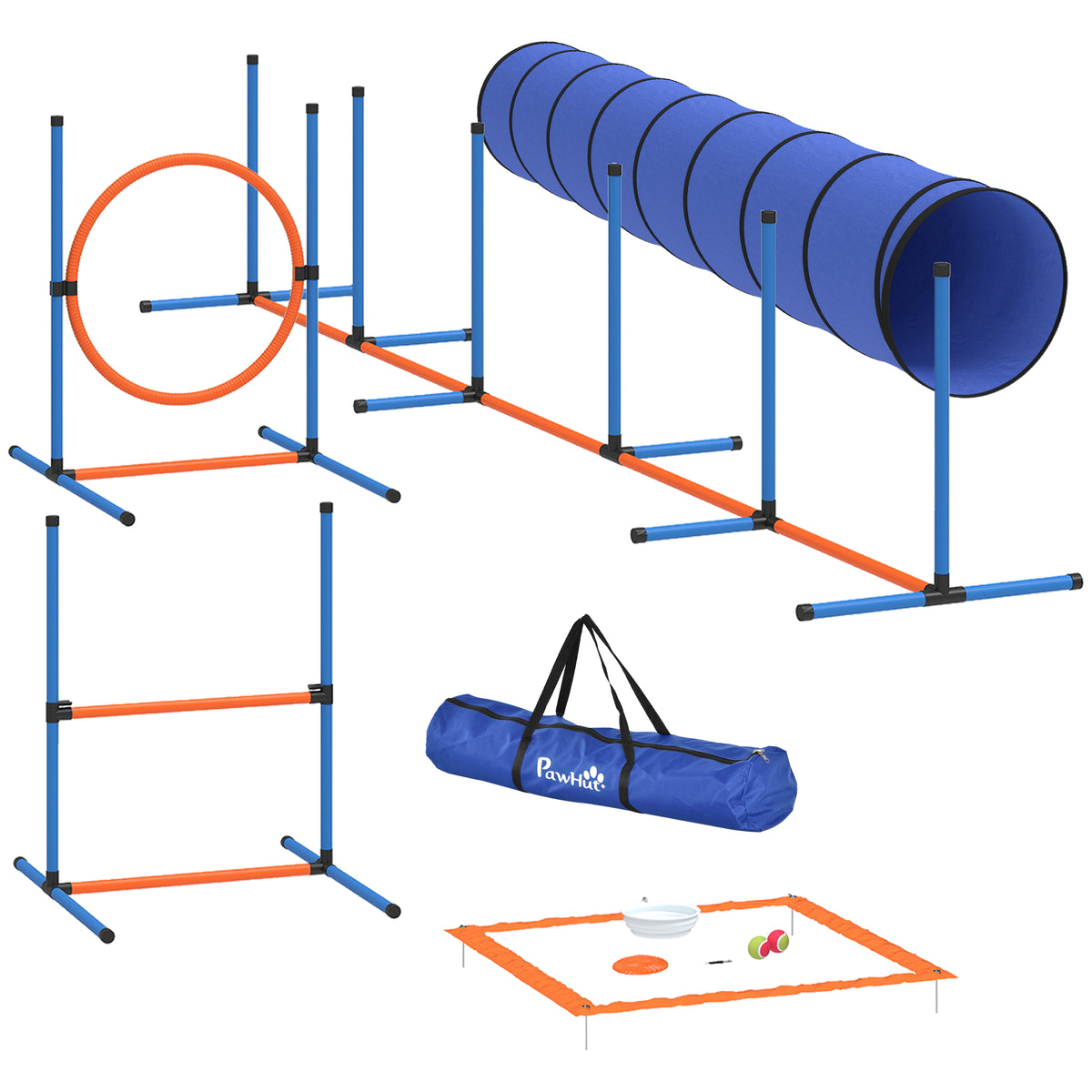 Ensemble d'Agilité pour Chien 8 Pièces avec Tunnel, Slaloms, Sauts Ajustables, Sac de Transport, 350x68x70cm, Orange