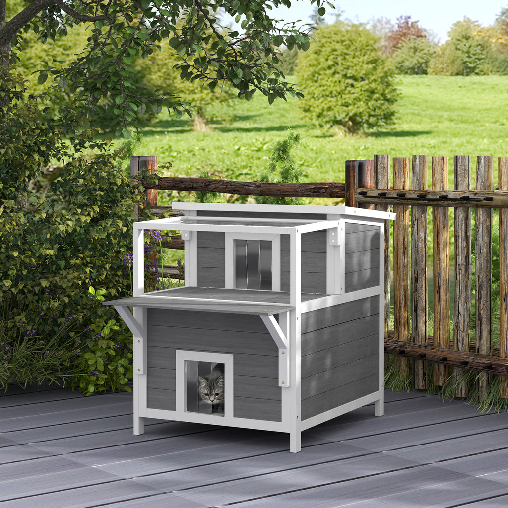 Maison pour chats 2 niveaux avec balcon abrité, toit ouvrable, extérieur, intérieur, gris clair