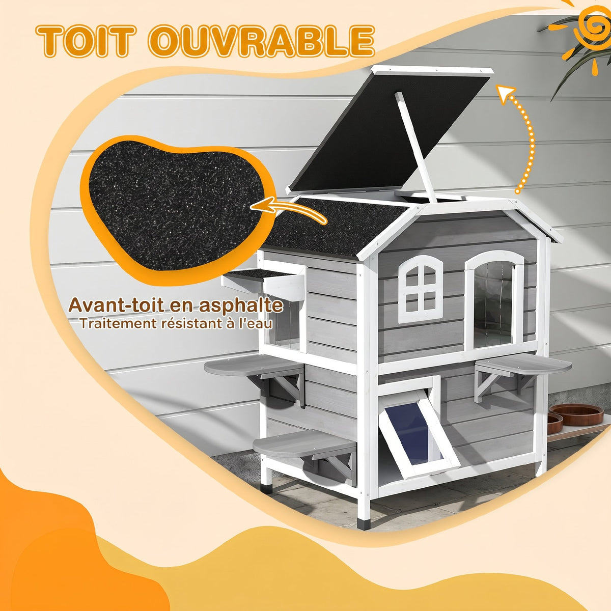 Maison Extérieur pour Chat Abri Extérieur en Bois pour Chats Errants 2 Étages Toit Ouvrant Bitumé 99,5x76x91cm Gris
