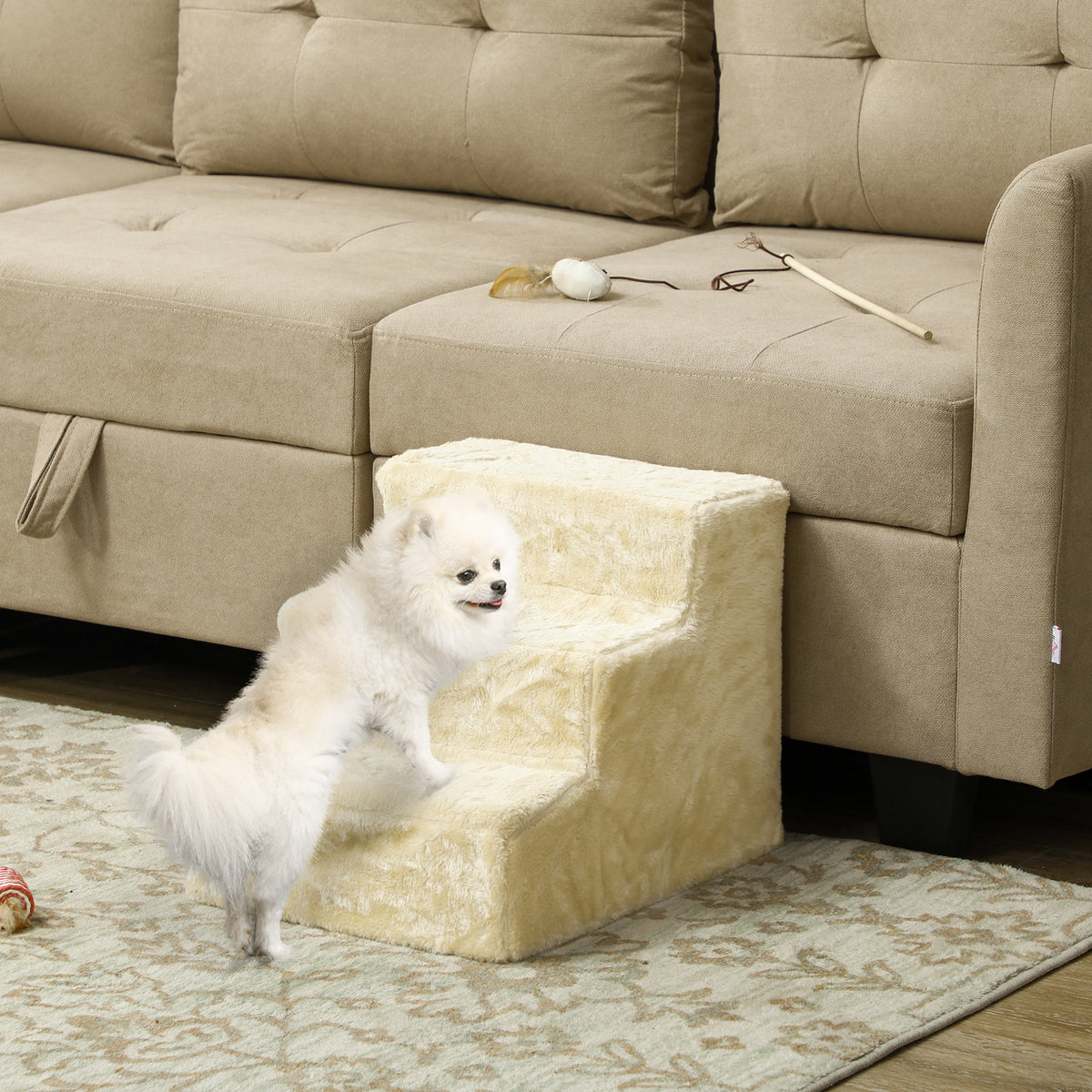 Escalier pour Chien à 3 Marches, Escalier pour Chat, Échelle Antidérapante pour Animaux, 46 x 35 x 35 cm, Beige