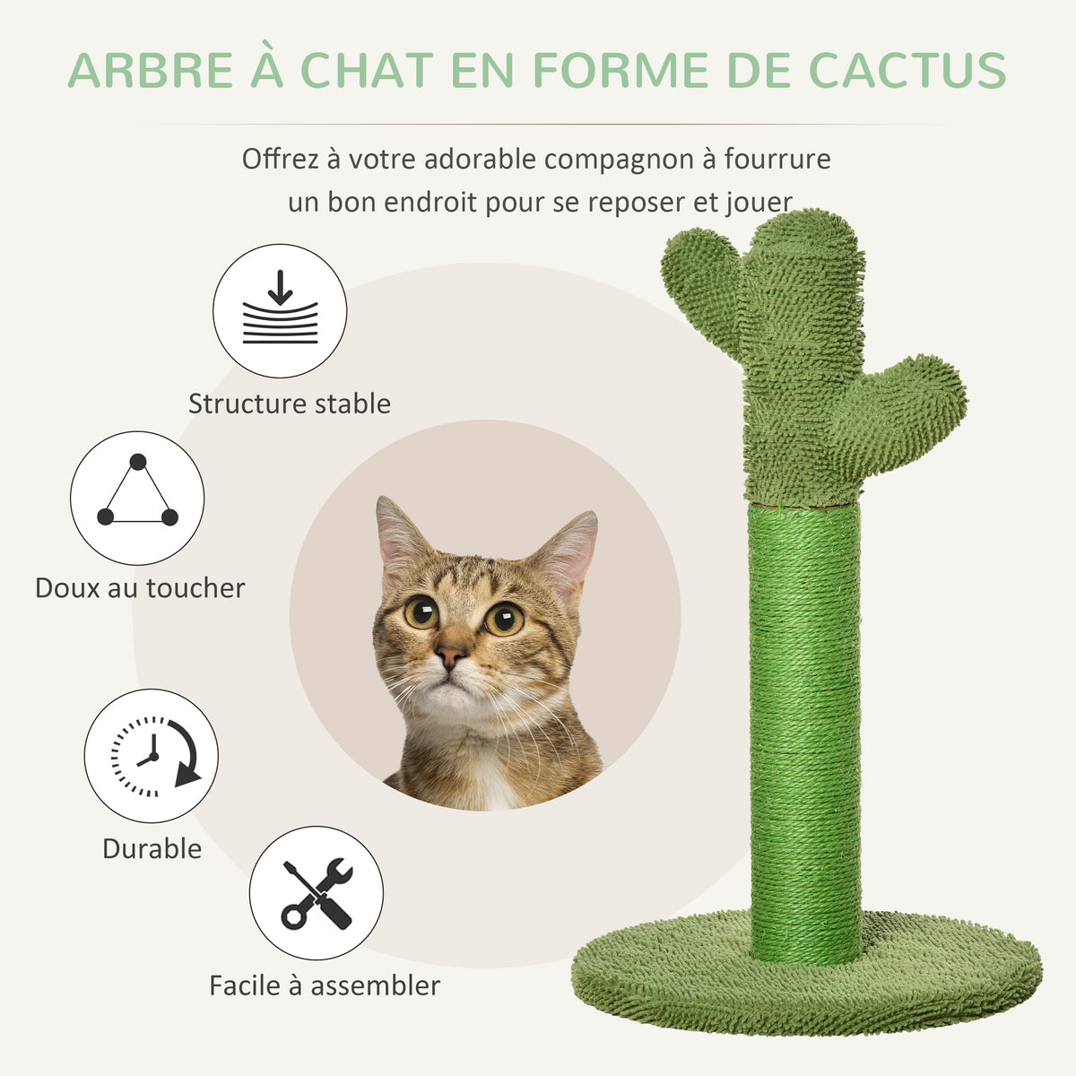Griffoir pour chat d'intérieur en forme de cactus, arbre à chat en sisal résistant avec base, 40 x 40 x 65 cm, vert