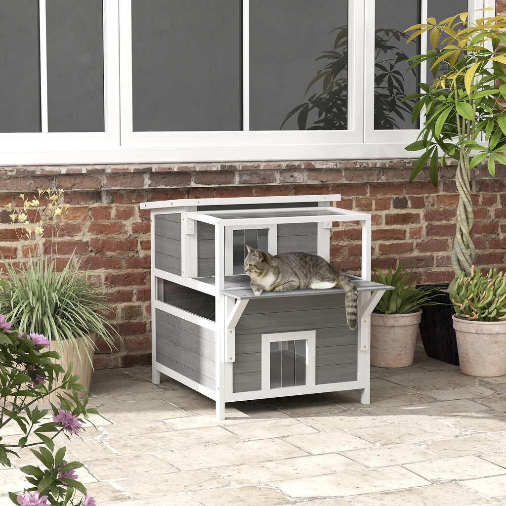 Maison pour chats 2 niveaux avec balcon abrité, toit ouvrable, extérieur, intérieur, gris clair