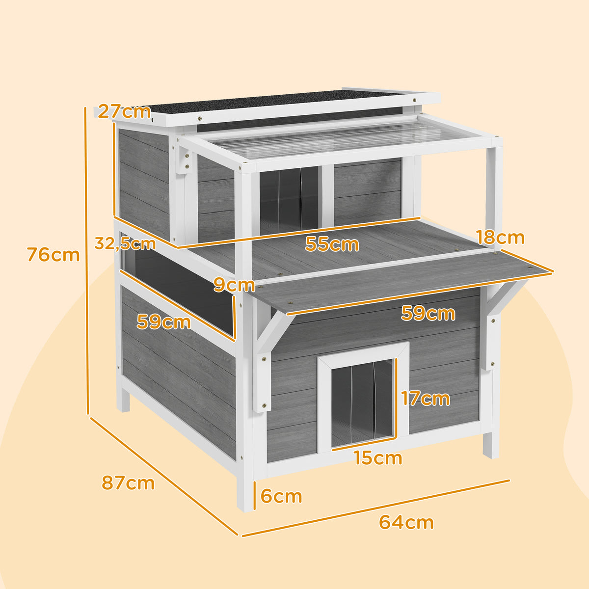 Maison pour chats 2 niveaux avec balcon abrité, toit ouvrable, extérieur, intérieur, gris clair