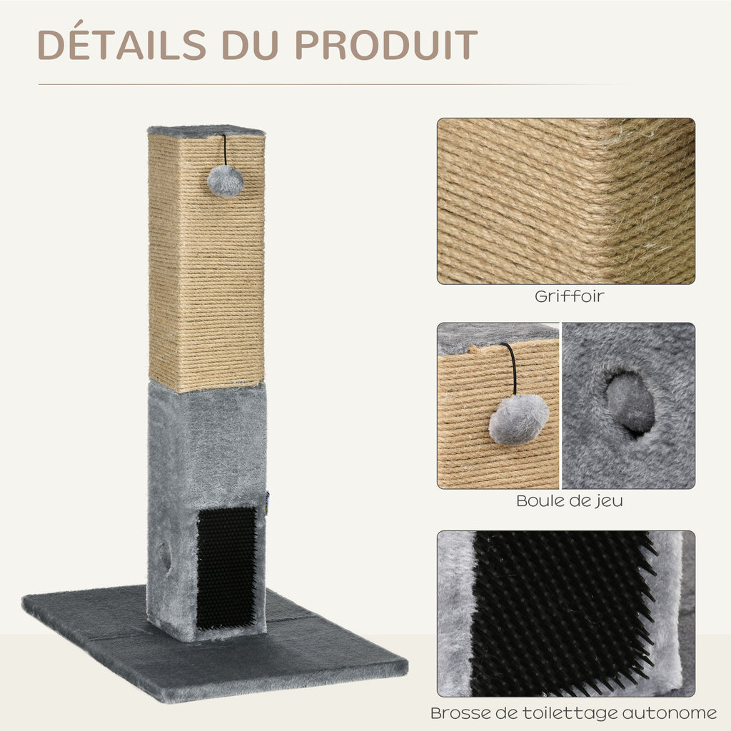 Poteau à gratter pour chat griffoir pour chat balle avec clochette 2 brosses de toilettage 59,5 x 39 x 79 cm beige gris