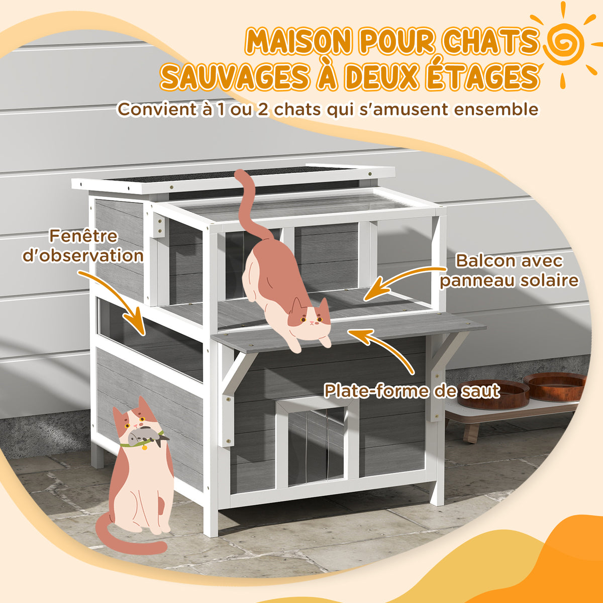 Maison pour chats 2 niveaux avec balcon abrité, toit ouvrable, extérieur, intérieur, gris clair