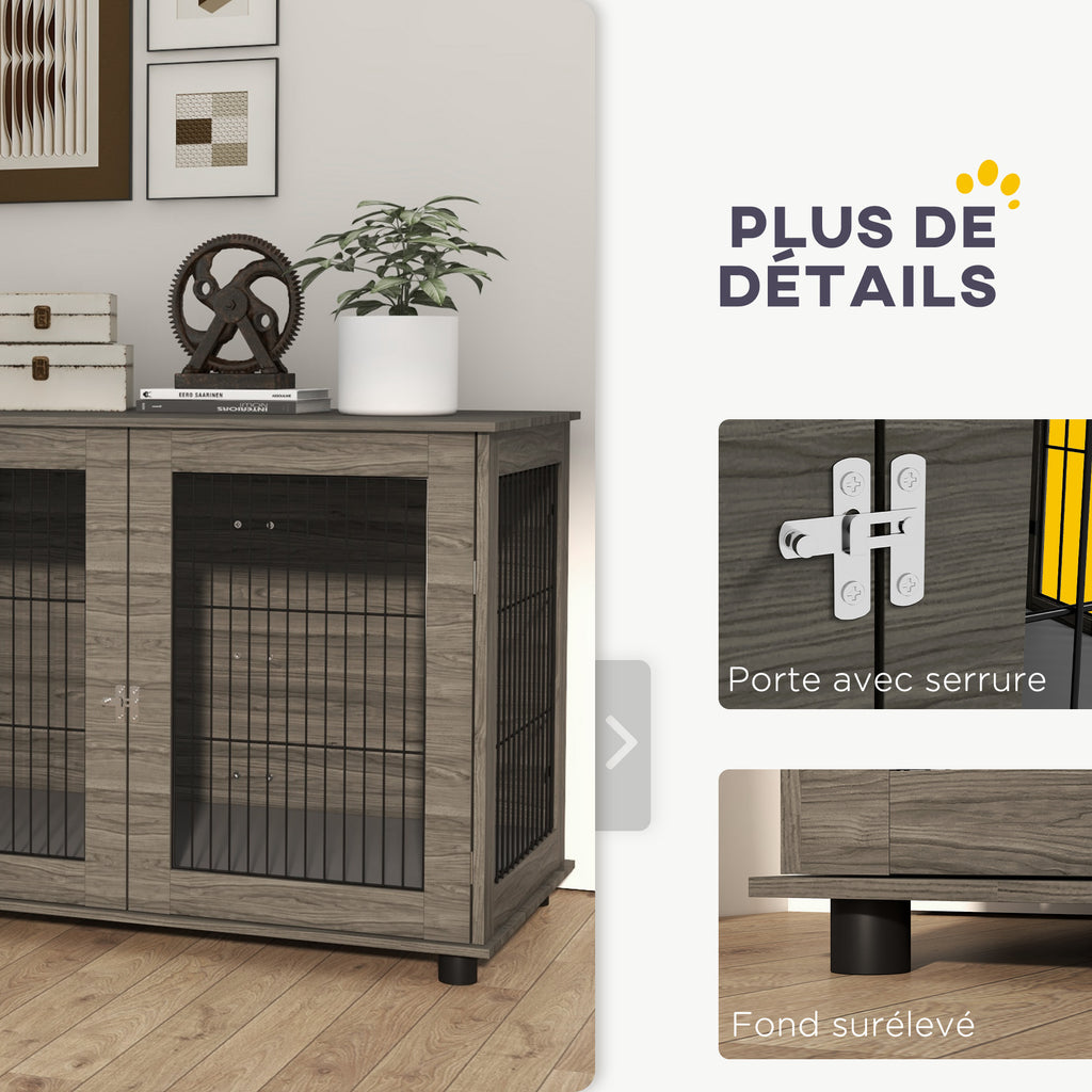 Cage pour chien 2 en 1 table d'appoint avec coussin en peluche déhoussable porte verrouillable 100 x 60 x 73,5 cm gris