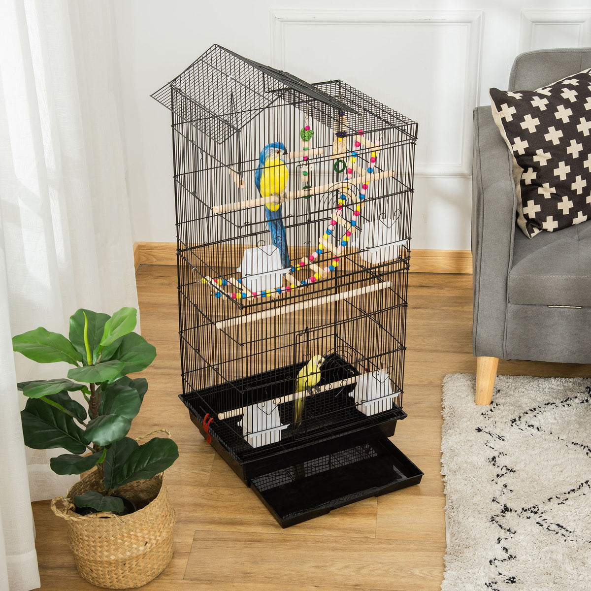Cage à oiseaux 46 x 36 x 100 cm 4 mangeoires 3 perchoirs cage pour perruche calopsitte conure pinson canaris