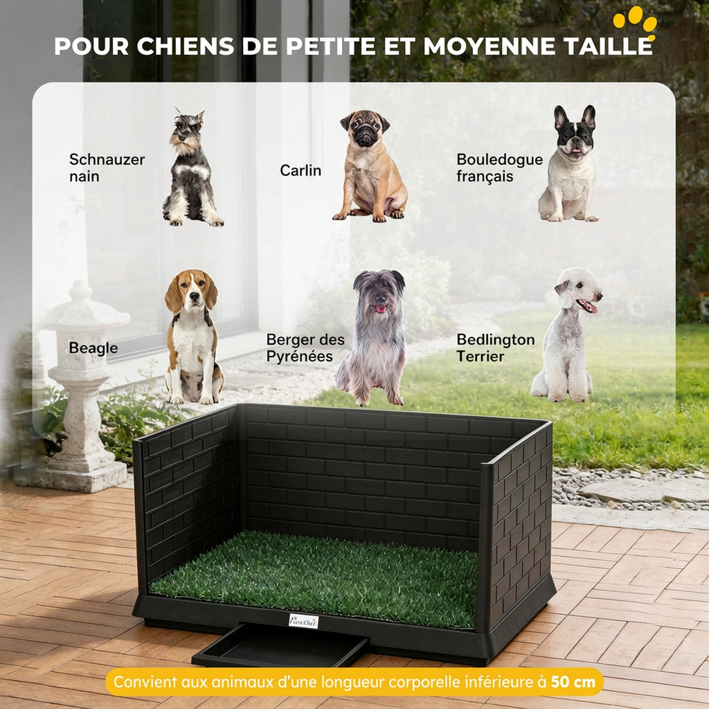 Toilette pour Chien avec Gazon Artificiel, Parois Hautes et Plateau Coulissant, Système de Drainage, 75x51x36,5cm, Noir