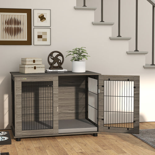 Cage pour chien 2 en 1 table d'appoint avec coussin en peluche déhoussable porte verrouillable 100 x 60 x 73,5 cm gris