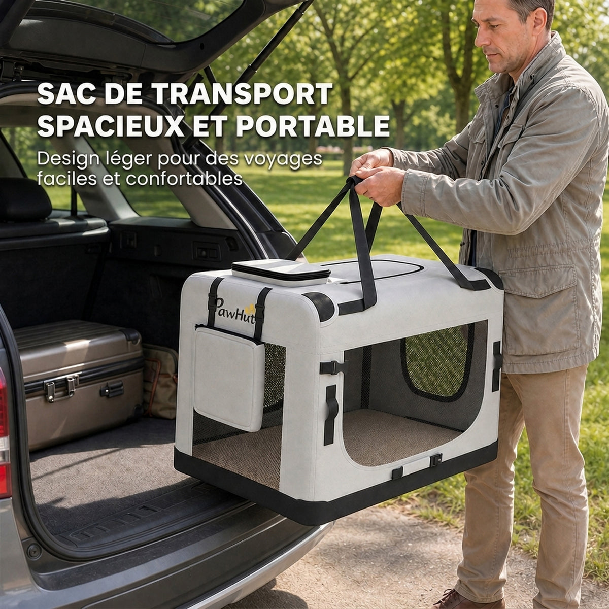 Grand Sac Transport Chat Chien Plaible Respirant Sangle Sécurité Coussin Lavable Gamelle Pliable 81x56x58cm Gris Clair