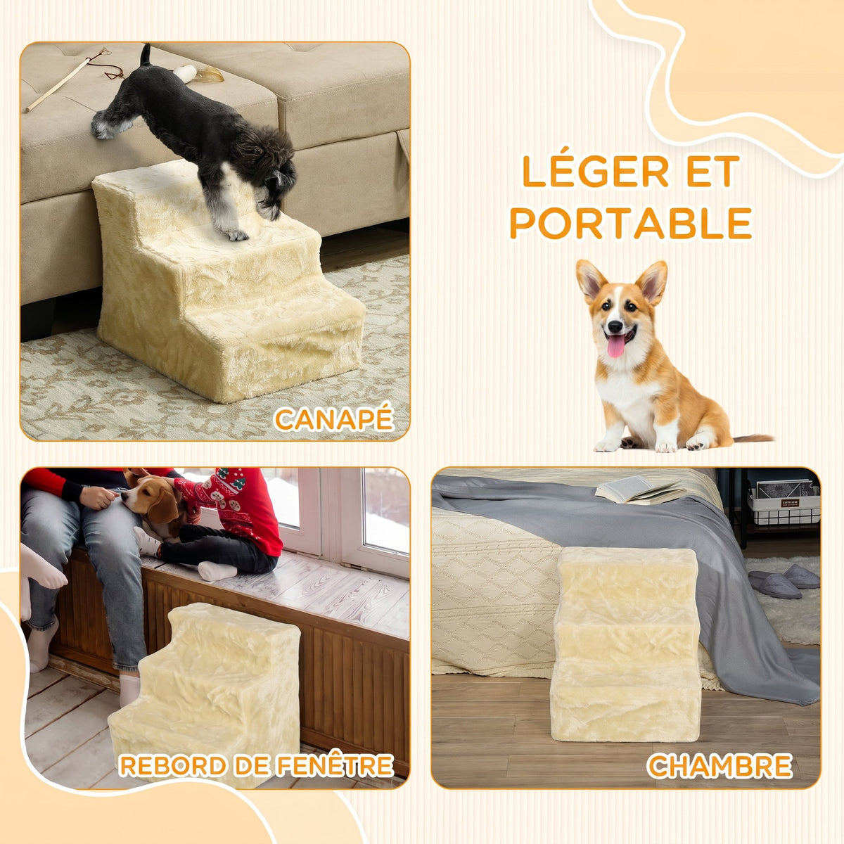 Escalier pour Chien à 3 Marches, Escalier pour Chat, Échelle Antidérapante pour Animaux, 46 x 35 x 35 cm, Beige