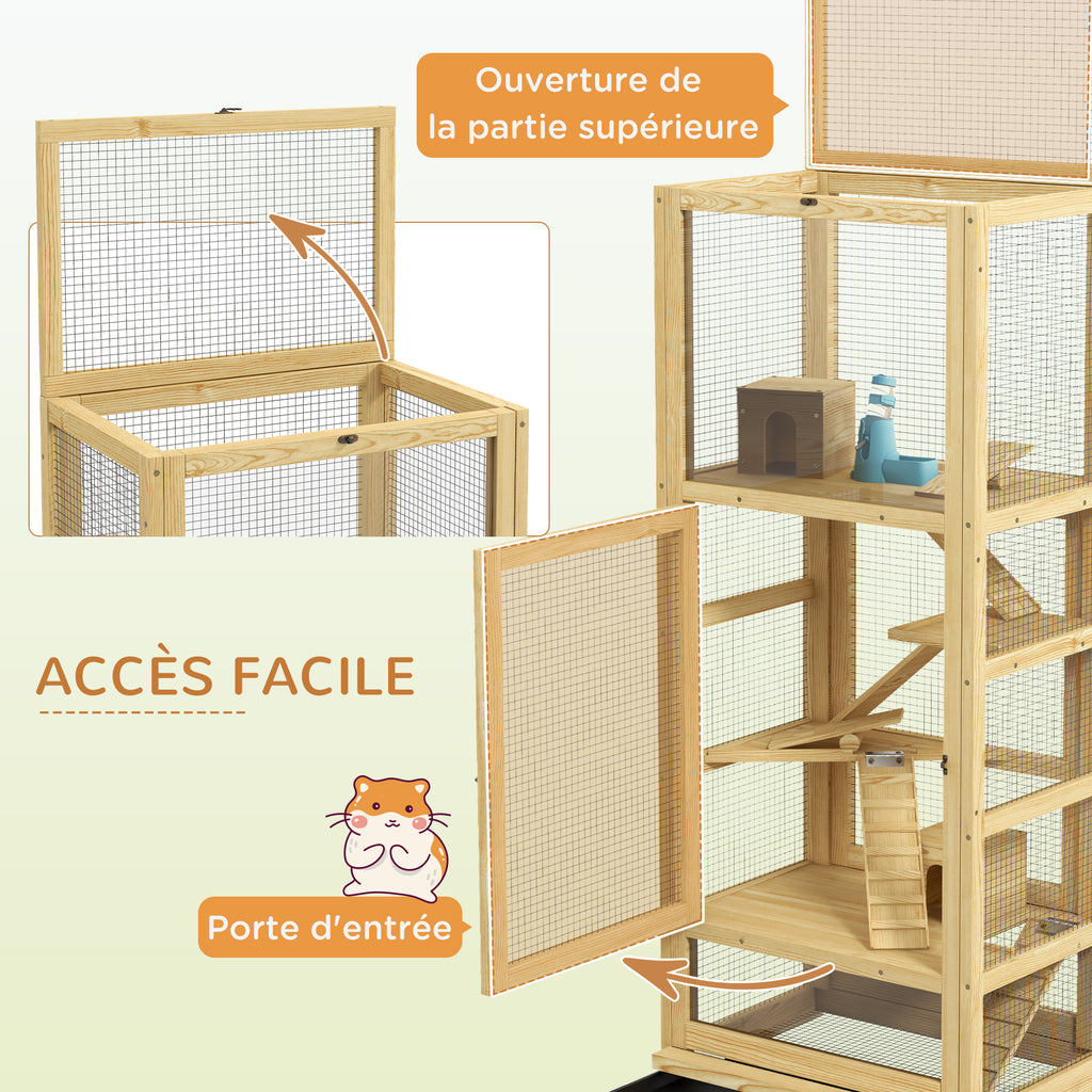 Cage pour hamsters ou petits animaux en bois 5 niveaux avec échelle niche balançoire 54 x 38 x 131 cm naturel