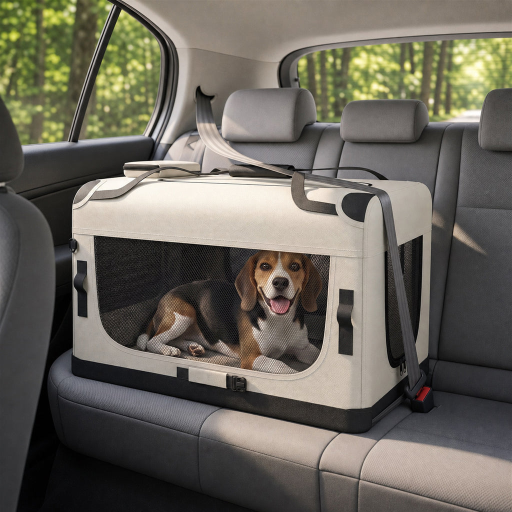 Grand Sac Transport Chat Chien Plaible Respirant Sangle Sécurité Coussin Lavable Gamelle Pliable 81x56x58cm Gris Clair