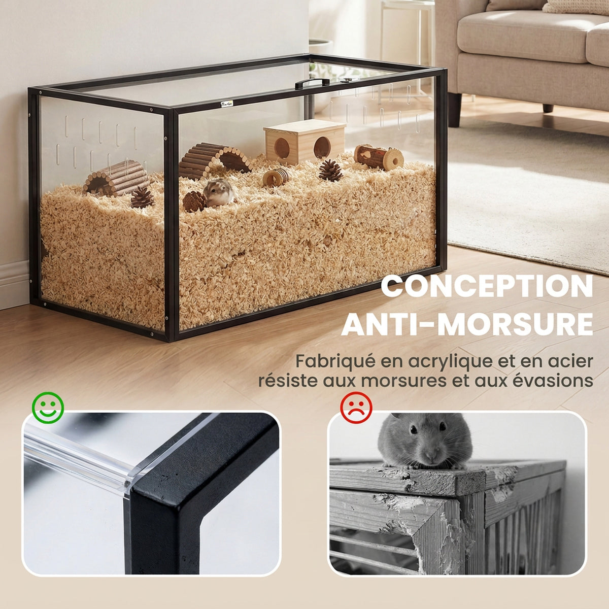 Cage pour Hamster Habitat Rongeurs Transparent de Vue Panoramique 360° Anti-Mordillage 105x51x51cm Noir