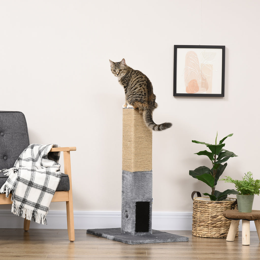 Poteau à gratter pour chat griffoir pour chat balle avec clochette 2 brosses de toilettage 59,5 x 39 x 79 cm beige gris
