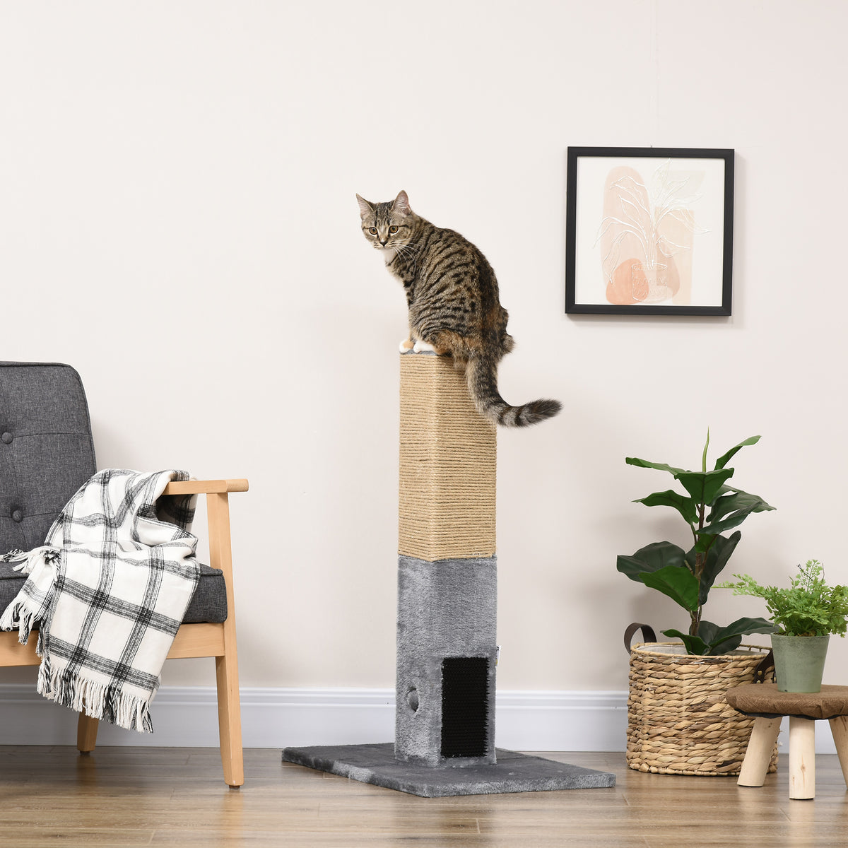 Poteau à gratter pour chat griffoir pour chat balle avec clochette 2 brosses de toilettage 59,5 x 39 x 79 cm beige gris