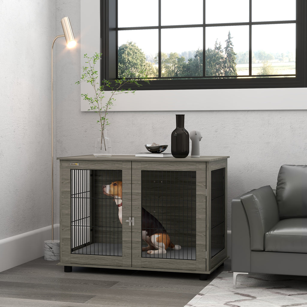 Cage pour chien 2 en 1 table d'appoint avec coussin en peluche déhoussable porte verrouillable 100 x 60 x 73,5 cm gris