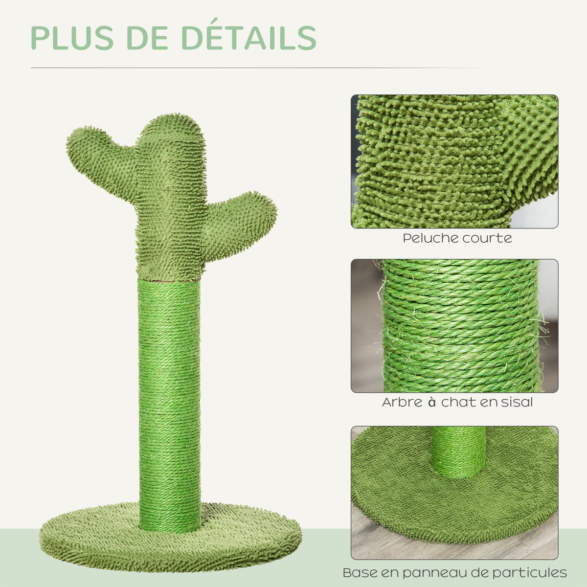 Griffoir pour chat d'intérieur en forme de cactus, arbre à chat en sisal résistant avec base, 40 x 40 x 65 cm, vert