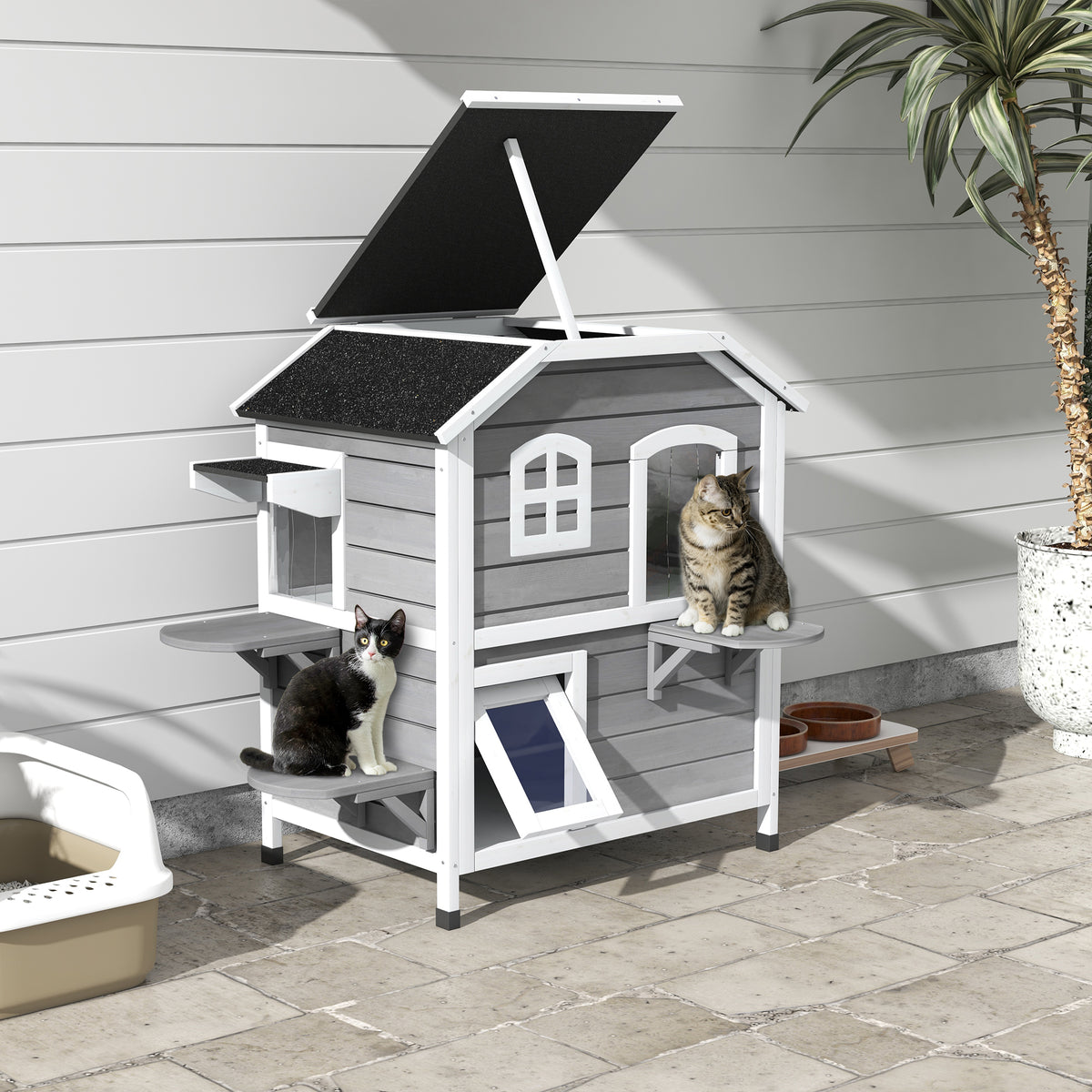 Maison Extérieur pour Chat Abri Extérieur en Bois pour Chats Errants 2 Étages Toit Ouvrant Bitumé 99,5x76x91cm Gris