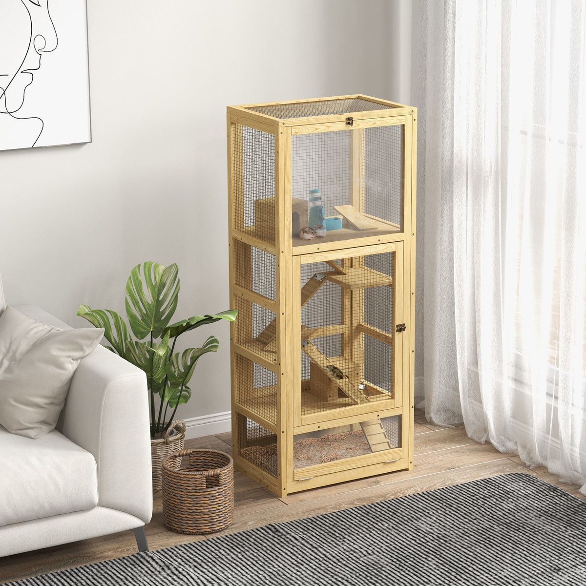 Cage pour hamsters ou petits animaux en bois 5 niveaux avec échelle niche balançoire 54 x 38 x 131 cm naturel