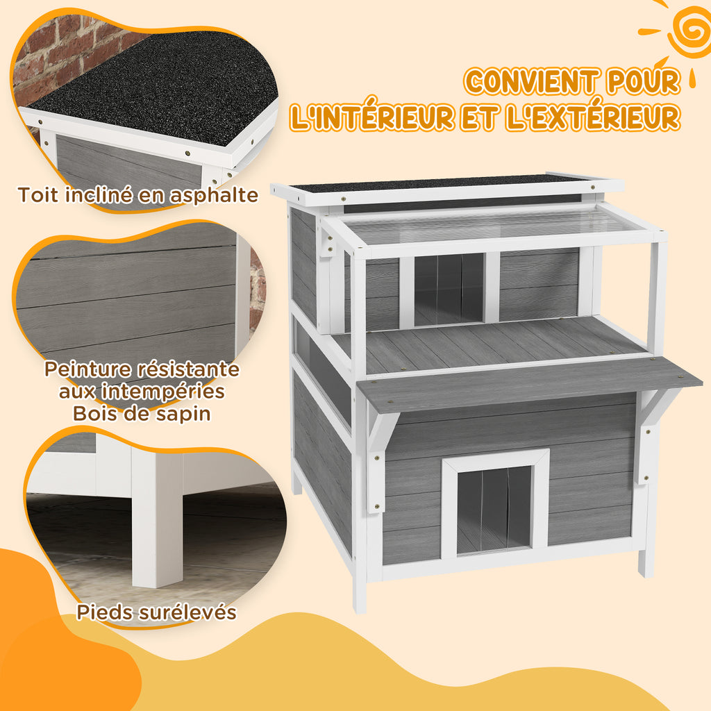 Maison pour chats 2 niveaux avec balcon abrité, toit ouvrable, extérieur, intérieur, gris clair
