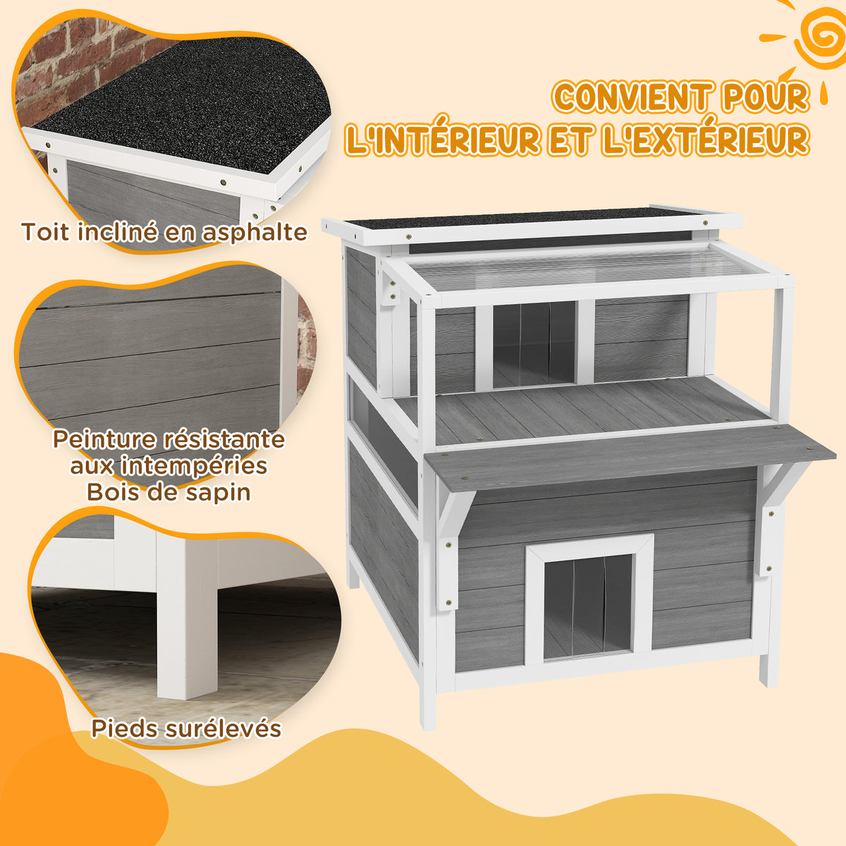 Maison pour chats 2 niveaux avec balcon abrité, toit ouvrable, extérieur, intérieur, gris clair
