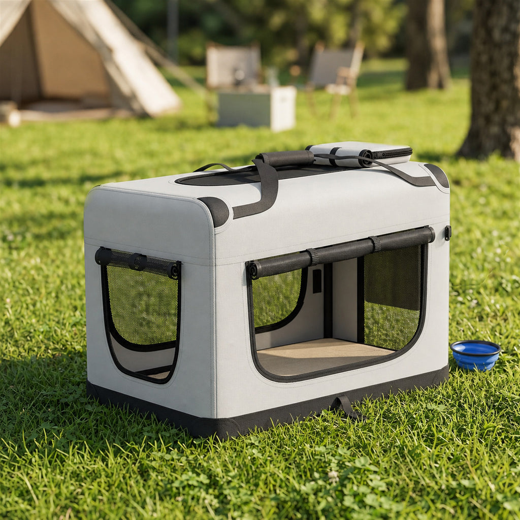 Grand Sac Transport Chat Chien Plaible Respirant Sangle Sécurité Coussin Lavable Gamelle Pliable 81x56x58cm Gris Clair