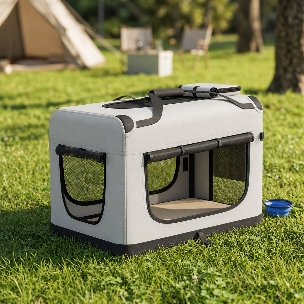 Grand Sac Transport Chat Chien Plaible Respirant Sangle Sécurité Coussin Lavable Gamelle Pliable 81x56x58cm Gris Clair
