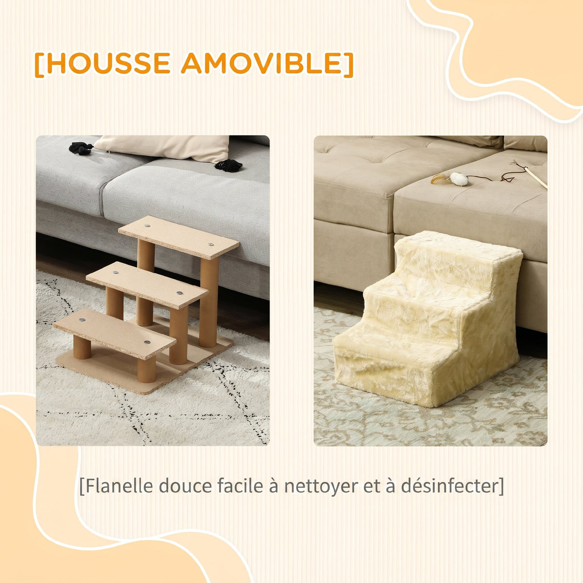 Escalier pour Chien à 3 Marches, Escalier pour Chat, Échelle Antidérapante pour Animaux, 46 x 35 x 35 cm, Beige