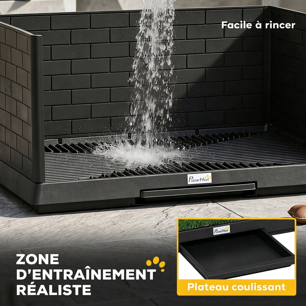 Toilette pour Chien avec Gazon Artificiel, Parois Hautes et Plateau Coulissant, Système de Drainage, 75x51x36,5cm, Noir