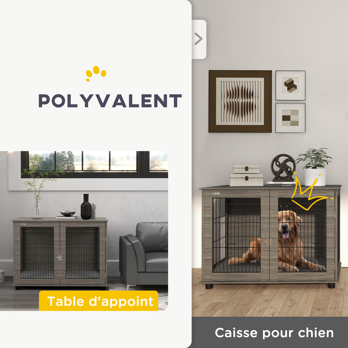 Cage pour chien 2 en 1 table d'appoint avec coussin en peluche déhoussable porte verrouillable 100 x 60 x 73,5 cm gris