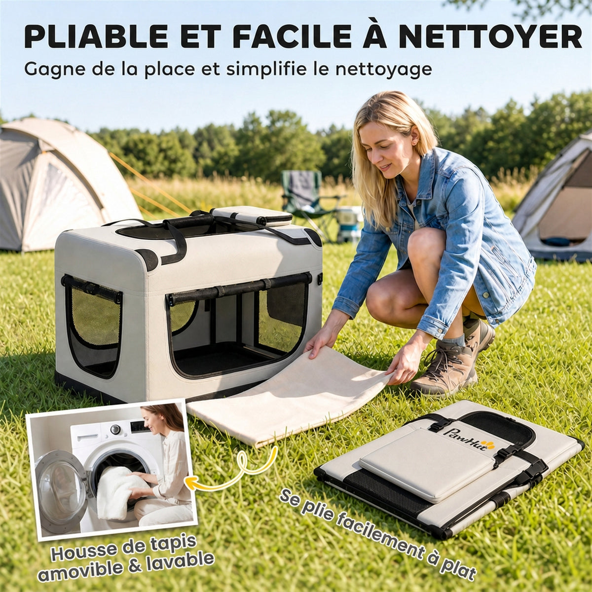 Grand Sac Transport Chat Chien Plaible Respirant Sangle Sécurité Coussin Lavable Gamelle Pliable 81x56x58cm Gris Clair