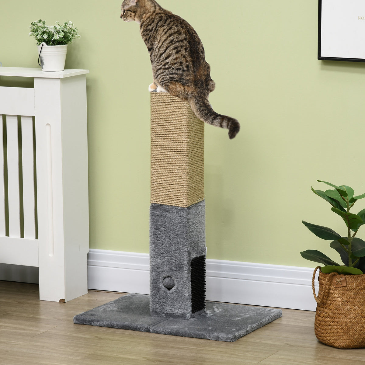 Poteau à gratter pour chat griffoir pour chat balle avec clochette 2 brosses de toilettage 59,5 x 39 x 79 cm beige gris