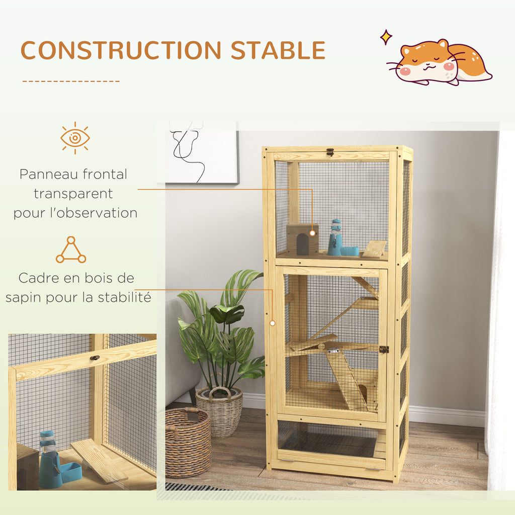 Cage pour hamsters ou petits animaux en bois 5 niveaux avec échelle niche balançoire 54 x 38 x 131 cm naturel