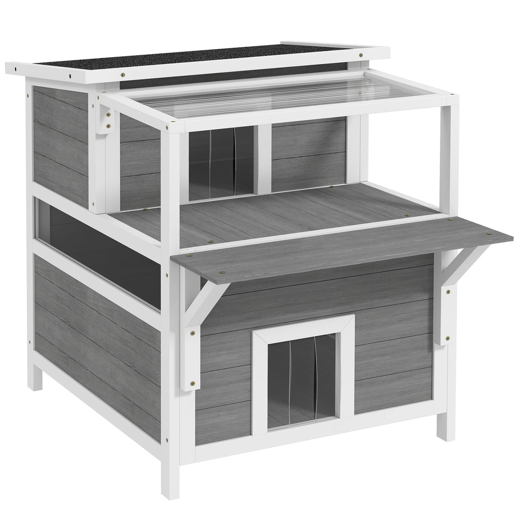 Maison pour chats 2 niveaux avec balcon abrité, toit ouvrable, extérieur, intérieur, gris clair