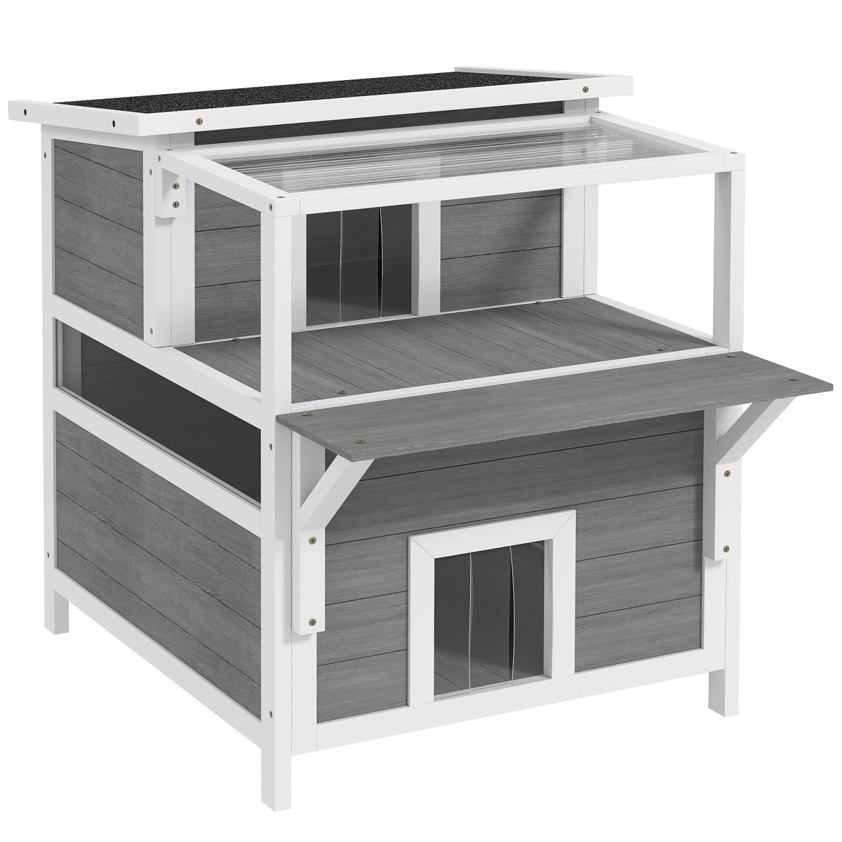 Maison pour chats 2 niveaux avec balcon abrité, toit ouvrable, extérieur, intérieur, gris clair