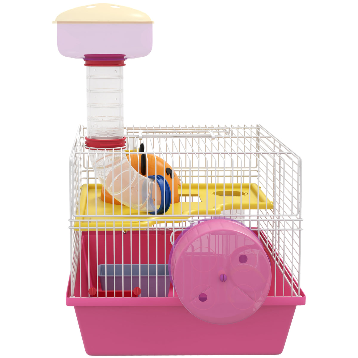 Cage à hamster rat rongeur multicolore avec plateforme, biberon eau, roue, maisonnette, 34 x 27 x 25 cm, rose