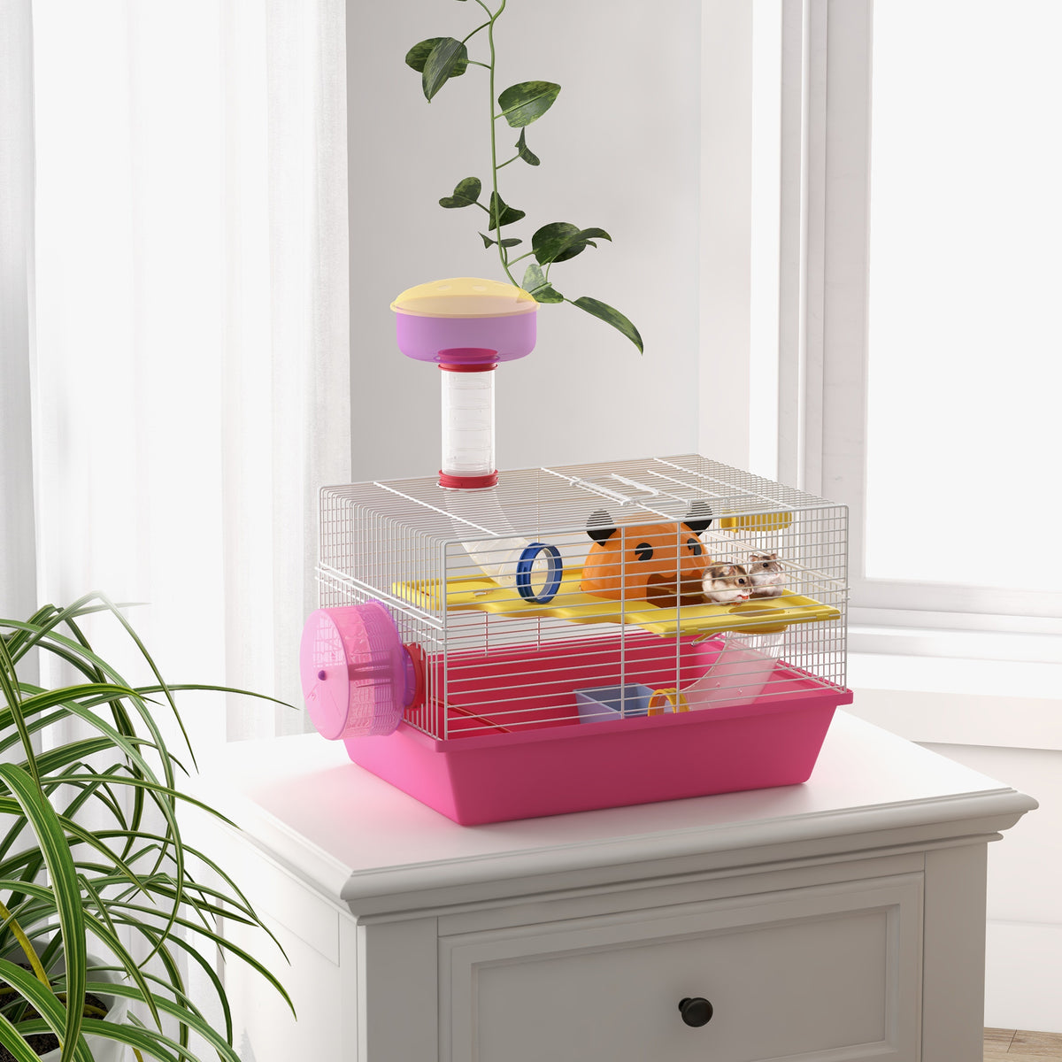 Cage à hamster rat rongeur multicolore avec plateforme, biberon eau, roue, maisonnette, 34 x 27 x 25 cm, rose