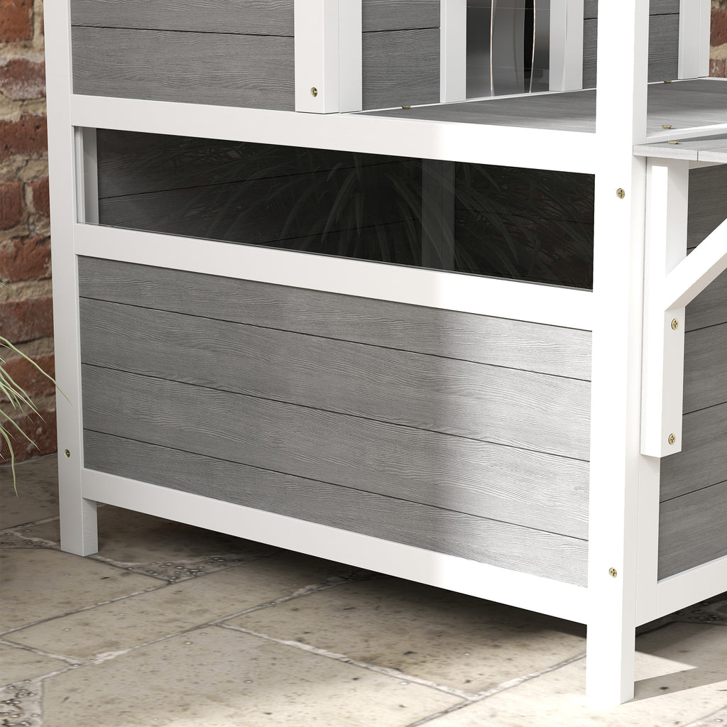 Maison pour chats 2 niveaux avec balcon abrité, toit ouvrable, extérieur, intérieur, gris clair