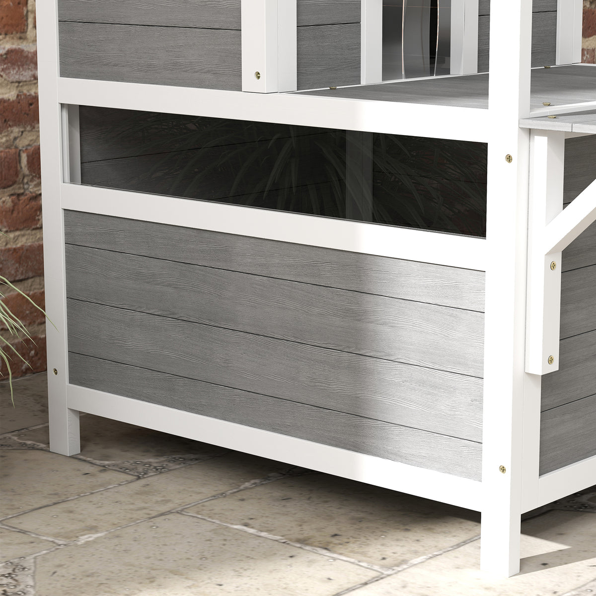 Maison pour chats 2 niveaux avec balcon abrité, toit ouvrable, extérieur, intérieur, gris clair