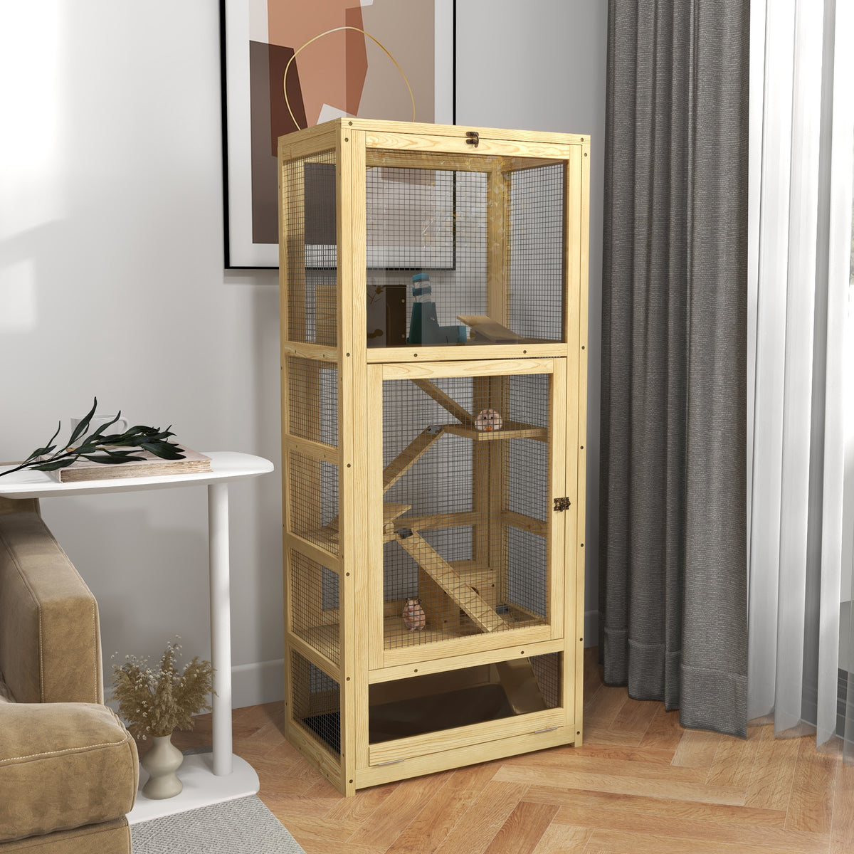 Cage pour hamsters ou petits animaux en bois 5 niveaux avec échelle niche balançoire 54 x 38 x 131 cm naturel