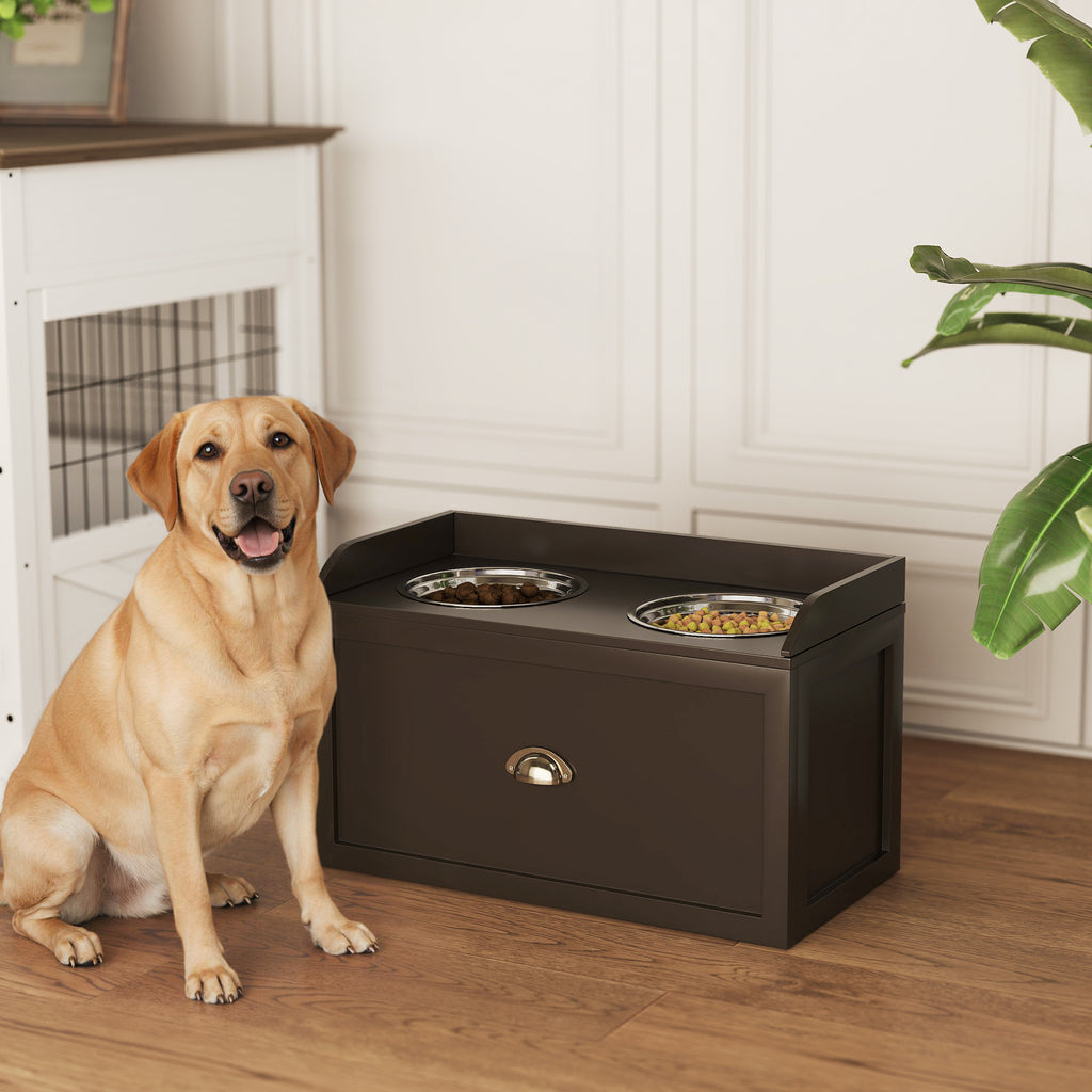 Gamelles Chiens Surélevées, Porte-Gamelles Surélevé Rangement 2 en 1, Tiroir, 2 Gamelles, 60x30x36cm, Marron Café
