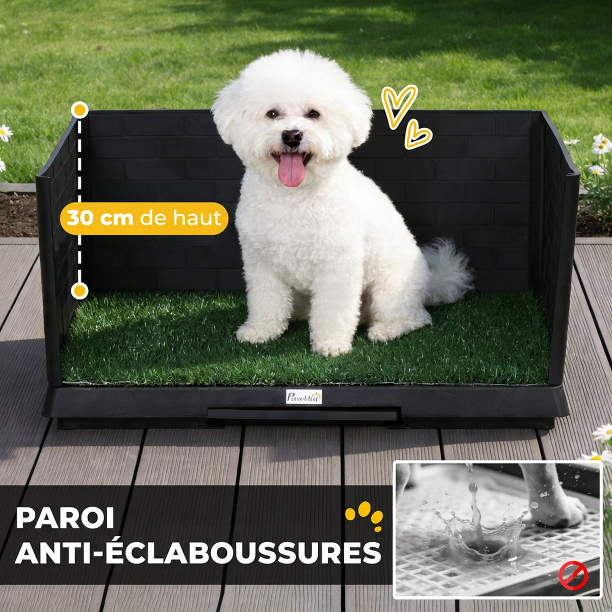 Toilette pour Chien avec Gazon Artificiel, Parois Hautes et Plateau Coulissant, Système de Drainage, 75x51x36,5cm, Noir