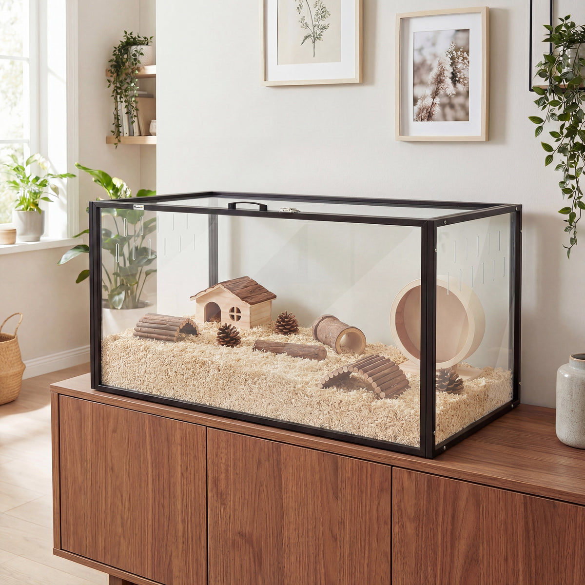Cage pour Hamster Habitat Rongeurs Transparent de Vue Panoramique 360° Anti-Mordillage 105x51x51cm Noir