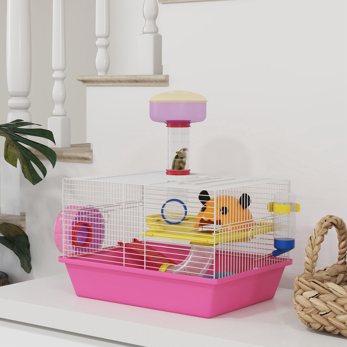 Cage à hamster rat rongeur multicolore avec plateforme, biberon eau, roue, maisonnette, 34 x 27 x 25 cm, rose