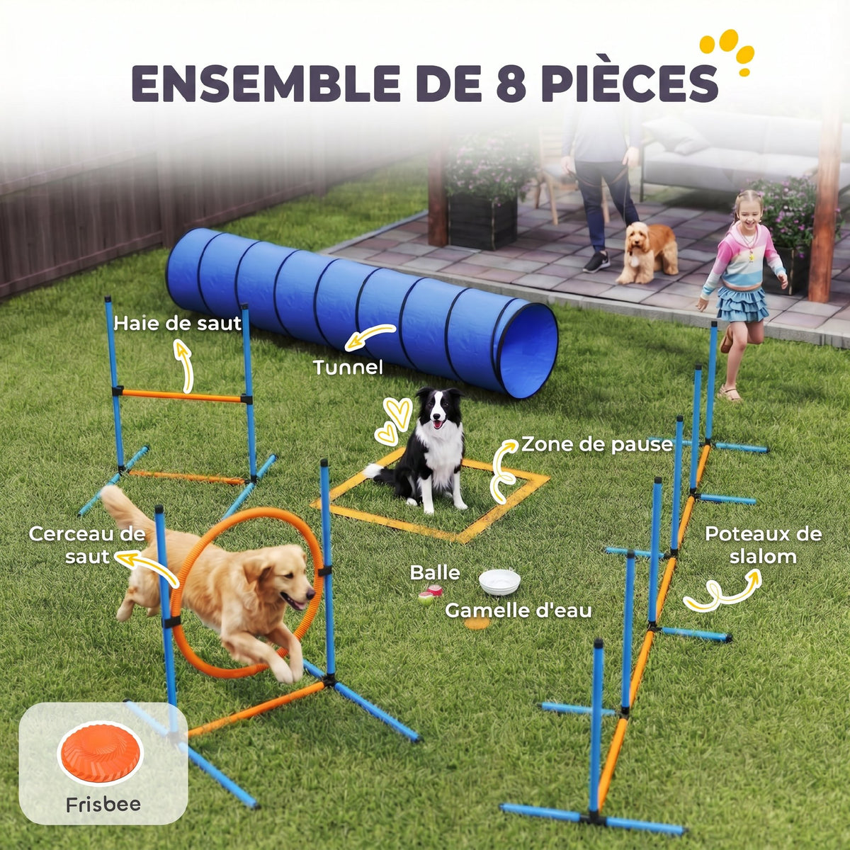 Ensemble d'Agilité pour Chien 8 Pièces avec Tunnel, Slaloms, Sauts Ajustables, Sac de Transport, 350x68x70cm, Orange
